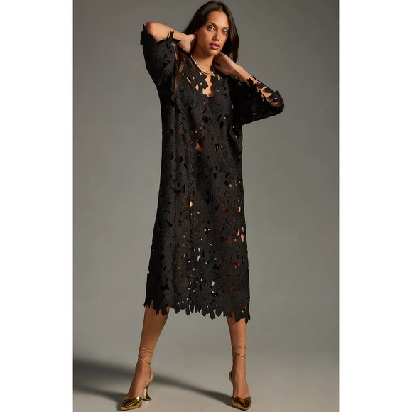 Anthropologie Floral Eyelet Kaftan Dress OS Sheer Bell Sleeve Beachy Resort Boho - Picture 10 of 10